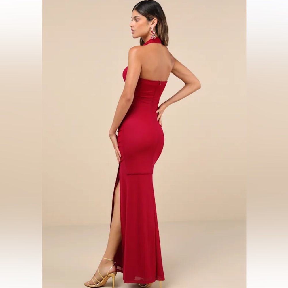 Berry Ruched Halter Maxi Dress - Picture 3 of 6